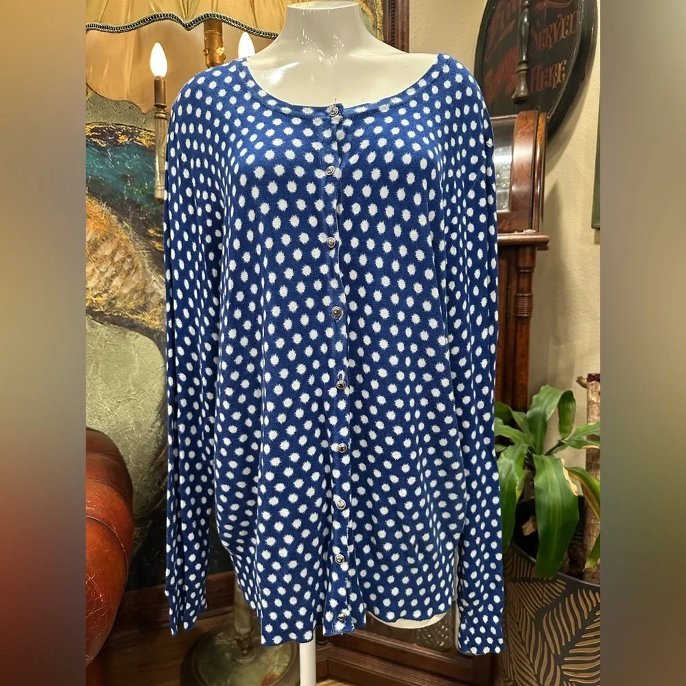Covington Blue White Polka Dot Cardigan Sweater Soft Knit Minimalist Preppy - Picture 3 of 8